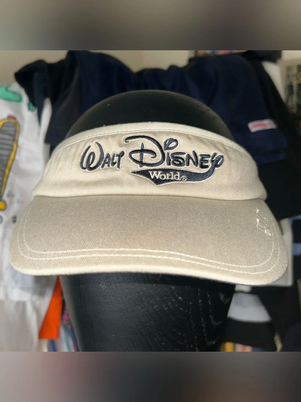 Vintage Walt Disney World Beige Khaki Visor with Navy Embroidered Logo